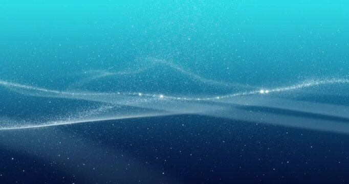 Glowing white light particles flow in fluid waves across a vibrant blue digital horizon creating dynamic motion effects suitable for high quality professional video broadcast clips.