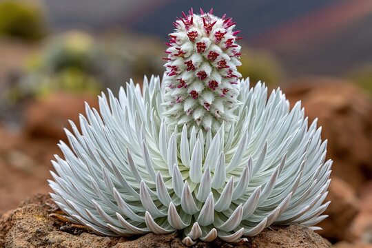 Haleakala silversword plant blooming alpine volcanic landscape close up