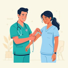 Fototapeta premium Doctor measuring patient's arm with tape measure, healthcare and medical concept, vector illustration