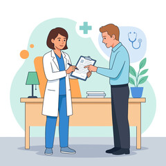 Fototapeta premium Doctor showing medical document to patient in clinic office, consultation, healthcare, diagnosis, advice, treatment, modern illustration style