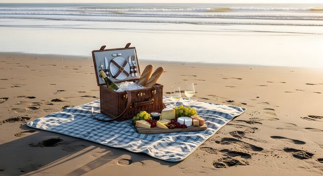 A romantic beach picnic setup with a wicker basket, wine, cheese, grapes, and baguettes on a striped blanket at sunset by the ocean.