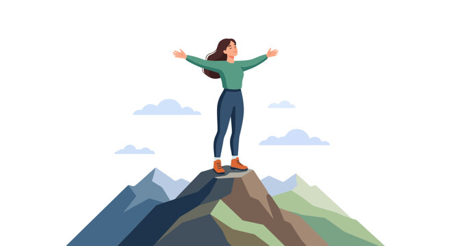 Young woman standing on mountain summit with outstretched arms enjoying freedom flat vector illustration
