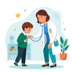 Obraz premium Friendly Doctor Examining a Child Patient with a Stethoscope, Pediatric Healthcare Concept Illustration