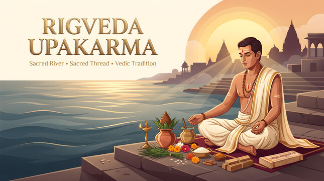 Rigveda upakarma celebration with brahmin performing vedic rituals at sacred river