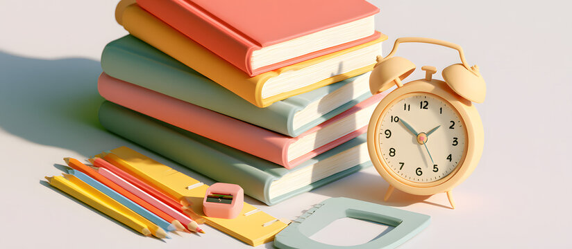 Concept background for a scene including books, an alarm clock, and accessories, rendered in 3D, illustrated in 3D