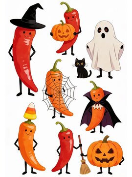 "Whimsical Halloween clip art set featuring vibrant red and orange chili peppers as adorable monsters, perfect for festive designs."