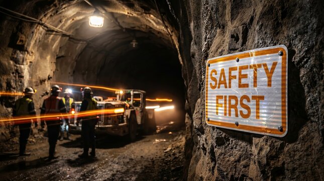 Mining safety sign "Safety First" on rock wall, workers with machinery operating in dark underground tunnel, industrial workplace safety concept.