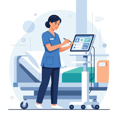 Fototapeta premium Nurse Using Digital Tablet in Hospital Room with Patient Bed and Medical Equipment