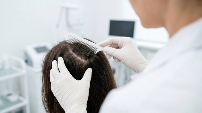 Trichologist parting hair for consultation in clean clinic, dermatology care