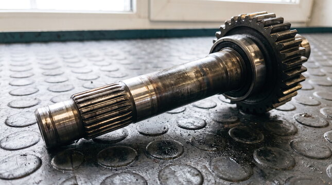 Car transmission shaft with splines and gear wheel on a textured workshop surface