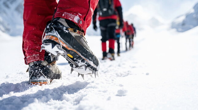Mountaineering boot with crampon stepping in snow on challenging winter mountain path, extreme adventure exploration concept.