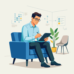 Fototapeta premium Modern Man in Office Setting Analyzing Data on Tablet, Focused and Professional