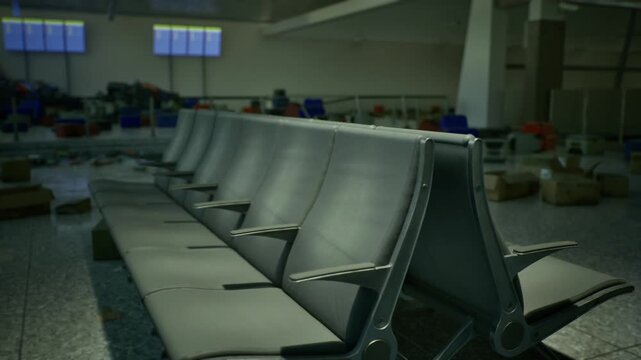 Vacant airline seating under cool terminal lights, repeating metal frames and textured cushions, sparse luggage scattered near concourse, institutional mood