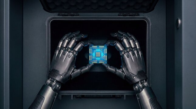 Robotic hands holding glowing microchip in secure dark container, representing future technology and innovation.