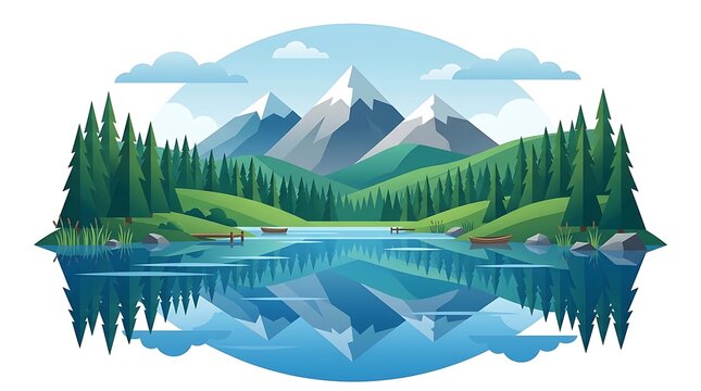 Beautiful flat vector illustration featuring snow capped mountains reflecting on a calm blue lake surrounded by a lush pine forest and boats