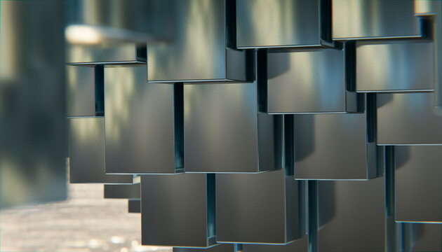 Close up of metallic rectangular columns forming an abstract pattern