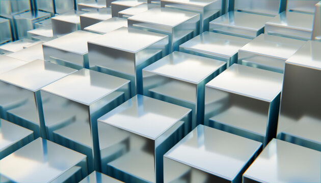 Close-up of shiny reflective metal cubes arranged in geometric pattern