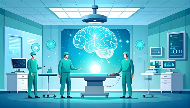 Medical Surgeons Performing Futuristic Neurosurgery with Holographic Brain Interface in High Tech Operating Room Illustration.