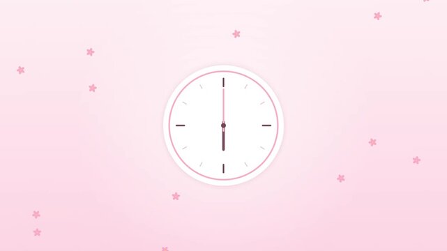 Minimalist white analog clock on soft pink background with petals