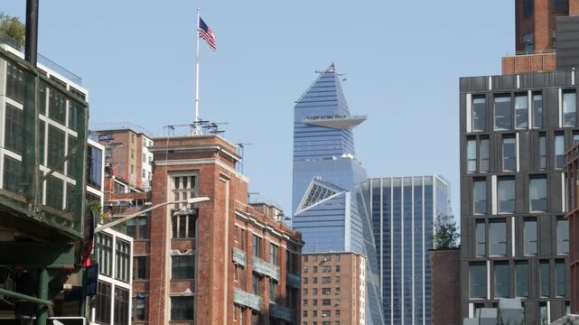 New York City Manhattan Midtown Hudson Yards district towers, United States. Urban skyscraper building architecture, contrast. Cityscape of Meatpacking district, Chelsea. Brick houses, historic market