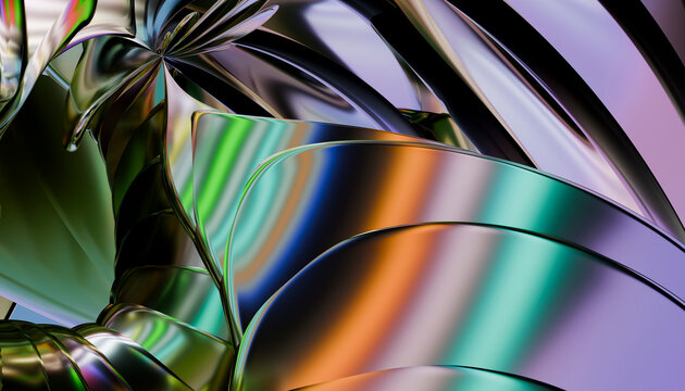 Close-up of shiny metallic abstract 3d artwork with colorful