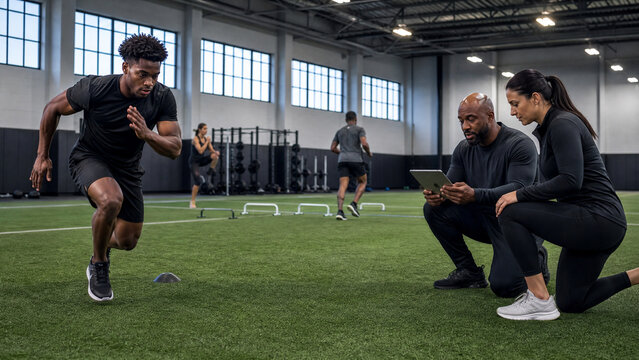 Young male athlete sprinting on indoor turf field during team fitness training session