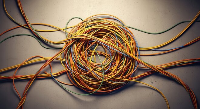 A chaotic tangle of colorful electrical wires forming a circular nest on a textured surface