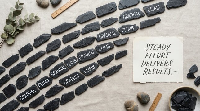 Conceptual flat lay of dark slate stones arranged in ascending diagonal rows with words gradual climb beside a paper note stating steady effort delivers results representing progress and