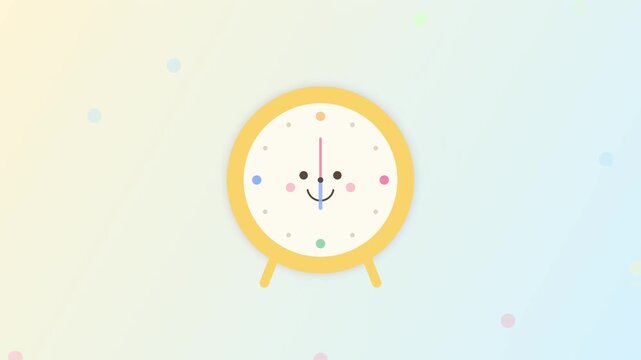 Cute yellow character alarm clock winking on light pastel background