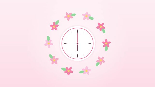 White analog clock surrounded by pink floral wreath on pink background