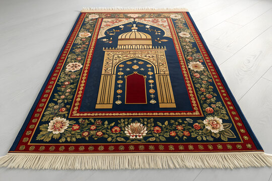 Decorative islamic prayer rug with arch design and floral ornaments, religion