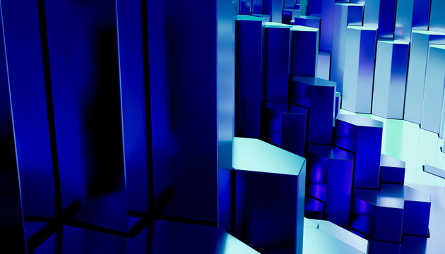 Blue 3d hexagonal columns arranged in an abstract geometric pattern