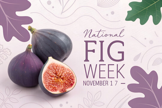 National fig week promotion with fresh purple figs and decorative leaf graphics