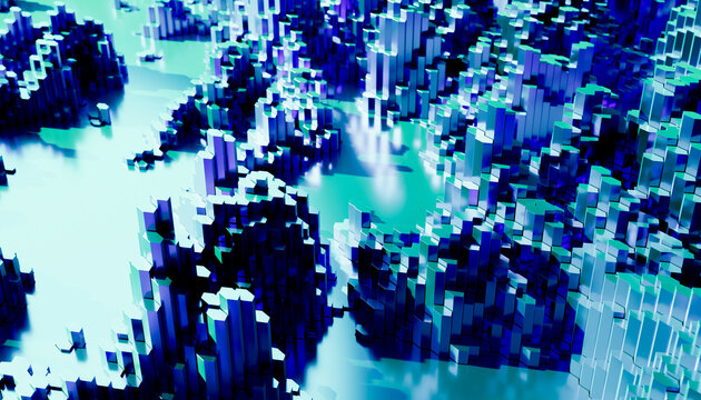 Abstract digital landscape made of blue 3d hexagonal blocks