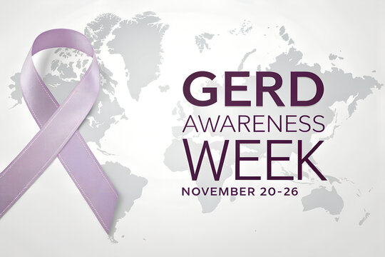 Gerd awareness week poster with purple ribbon and world map background, campaign