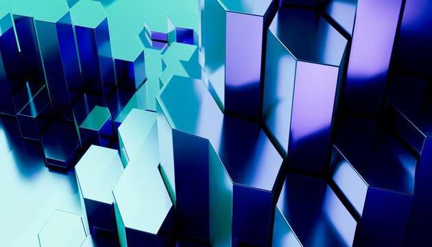Close-up 3d rendering of blue hexagonal columns with reflective