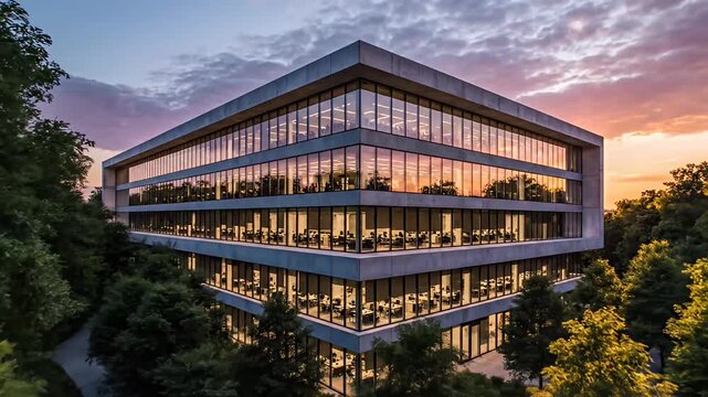 Glass office building exterior at sunset with trees.