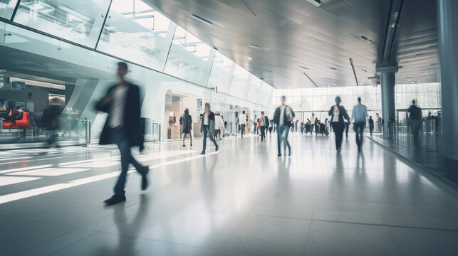 Commuters in Motion: Silhouettes of business people walk briskly through a modern, well-lit concourse.