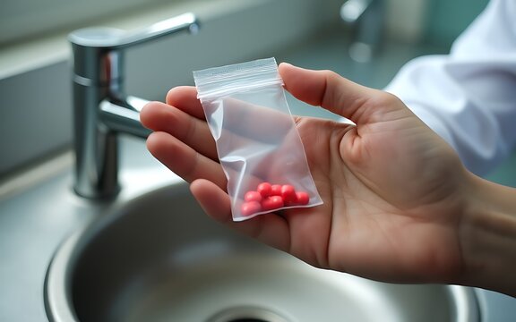 A person holds a small plastic bag containing red capsule pills near a kitchen sink faucet