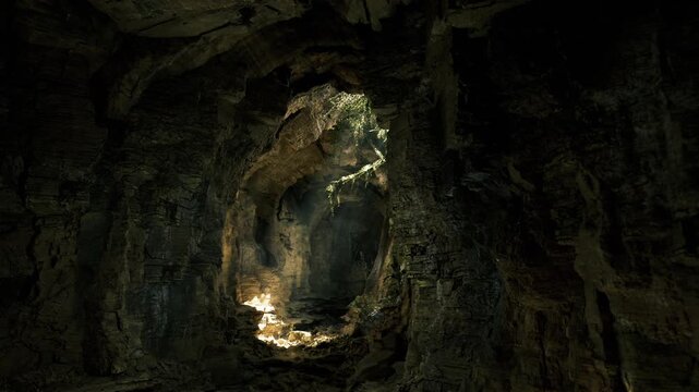 Small alcove bathed in relic light, uneven floor and carved rock shelves suggestive of ancient passage, scholarly atmosphere ideal for geology and archaeology