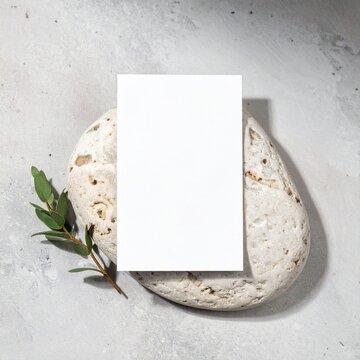 tarjeta de visita blanca en blanco sobre una superficie de piedra clara, composici&oacute;n minimalista