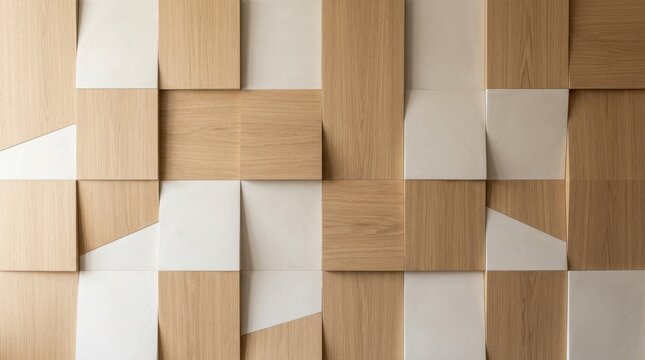 Modern 3D geometric wall panel texture featuring light oak wood squares and white decorative tiles