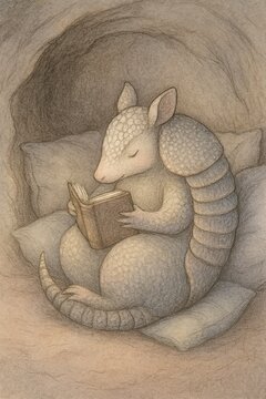 Cozy armadillo reading a book curled up in a warm burrow