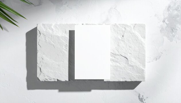 tarjeta de visita blanca en blanco sobre una superficie de piedra clara, composici&oacute;n minimalista
