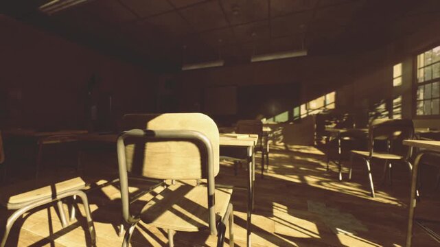 Retro classroom scene with warm light and grainy film aesthetic, midcentury desks with metal legs, teacher podium silhouette at front, sunbeams forming strong