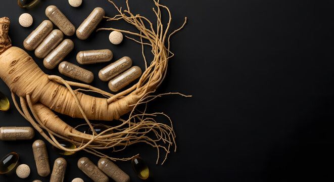 Ginseng root and capsules on dark background.