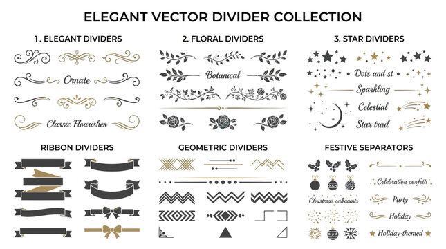 A Comprehensive Set of Flat Vector Icons and Elegant Decorative Dividers for Sophisticated Design Projects