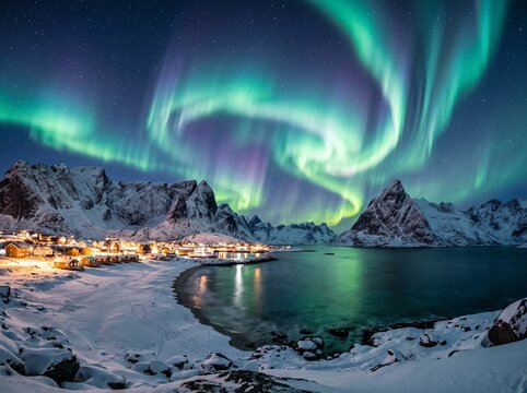 Stunning Aurora Borealis over a snowy fishing village in Lofoten Islands, Norway at winter night