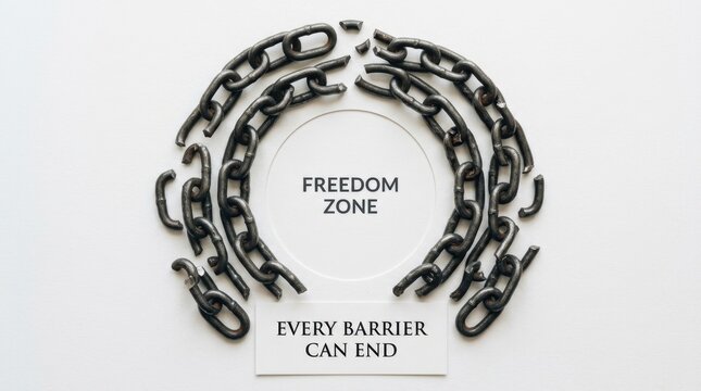 Powerful symbolic conceptual image featuring broken metal chains forming a circle around the text freedom zone and every barrier can end, representing liberation and overcoming difficult