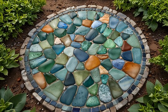 A seaglass mosaic pattern on a garden path or stepping stone